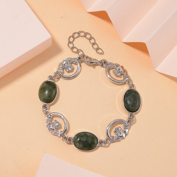 Bracelet Connemara Marble 30.00 ctw Claddagh Silvertone 7-9 inches - Picture 2 of 5